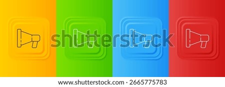White Megaphone icon isolated on colorful background. Speaker sign. Set icons in square buttons. Vector