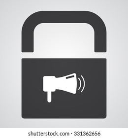 White Megaphone icon on black pad lock
