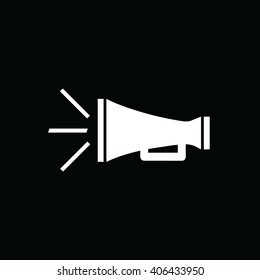 White megaphone icon vector illustration. Black background