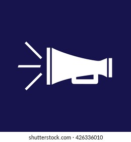 White megaphone vector icon illustration. Blue background