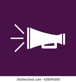 White megaphone vector icon illustration. Purple background