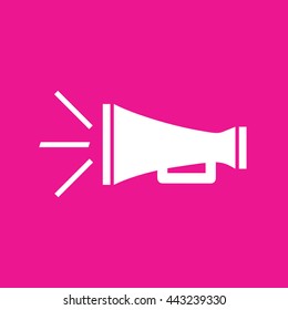 White megaphone vector icon illustration. Pink background