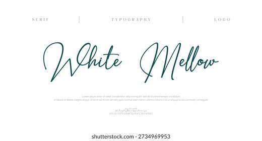 White Mellow, Script Elegant alphabet letters font and number. Classic Modern Serif Lettering Minimal Fashion. Typography decoration fonts for branding, wedding, invitations, logo.
