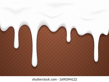 White Melting and Dripping Down Glaze on Chocolate Wafer. Vector Sweet Food Background. 