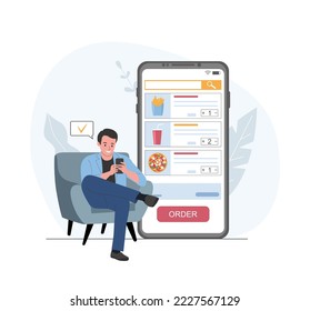 A white men in a home chair orders food through an application on a smartphone. Vector illustration.