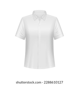 White men shirt or polo mockup, 3d vector male dress with short sleeves front view. Isolated vector classic sark mock up with fabric texture, collar and buttons. Apparel design for casual office wear