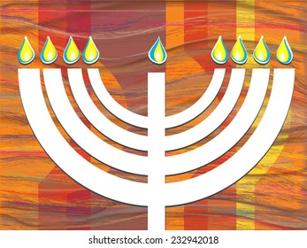 White menorah candlestick flame. Vector flat illustration for Hanukkah, Jewish holiday. Cut paper stile. Abstract painted bright background. Vector illustration. EPS 10. Image contains transparency.