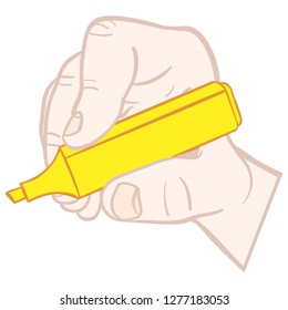 White men's hand holding a yellow text tags. Vector artwork, isolated, yellow.