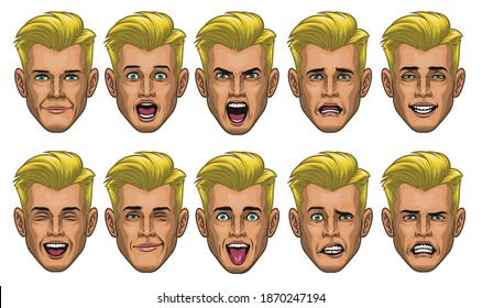 white men's head with various face expression