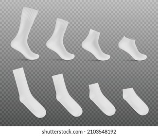 Calcetines de hombres blancos sobre fondo transparente, ilustración realista en 3d. Distintos tipos de calcetines deportivos en blanco, en el pie y plano, burla vectorial.