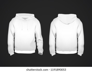White men's sweatshirt template with sample text front and back view. Hoodie for branding or advertising.