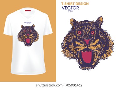 White men's t-shirt design with tiger head drawing style vintage template