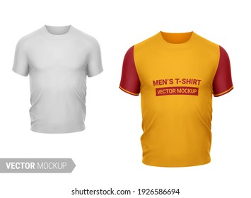 White men's t-shirt. Photo-realistic apparel mockup template with sample design. Front view. Vector 3d illustration. Contains an accurate mesh to wrap your artwork with the correct envelope distortion