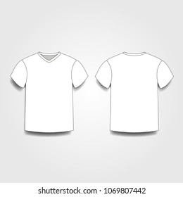 White men's t-shirt template v-neck front and back side views. Vector of male t-shirt wearing illustration isolated on white background.