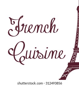 White menu design with text and a silhouette of the eiffel tower. Vector illustration
