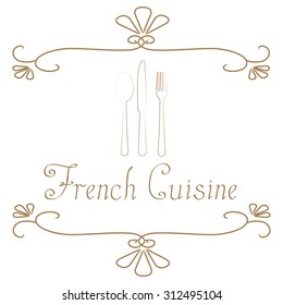 White menu design with vintage decoration and silverwares. Vector illustration