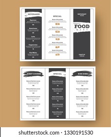 White menu template with black grunge elements for cafes and restaurants. Trifold brochure design for printing.