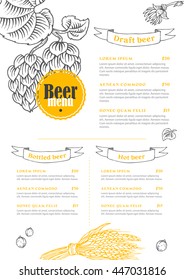 White menu template with branches of hops, wheat for the beer bar or pub. Vector background with text and drawings in the style of engraving.