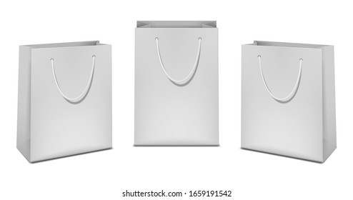 White merchandise bag with handles, mock-up set. Blank paper shopping gift package, mockup.