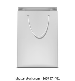 White merchandise bag with rope handles, realistic vector mockup. Blank paper shopping package, mock-up for design.