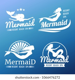 White mermaid labels design. Resort beach spa logo set. Vector illustration