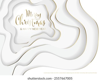 White Merry Christmas and happy new year modern Christmas card layoute template with deep paper cut effect made from snowy white papers with golden borders