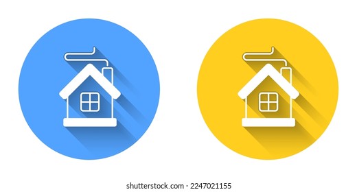 White Merry Christmas house icon isolated with long shadow background. Home symbol. Circle button. Vector