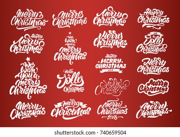 White Merry Christmas lettering designs. Happy New Year typography. Logos for postcard, poster, gift and T-shirt