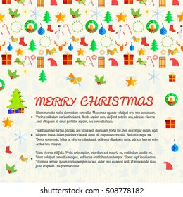 White merry christmas postcard with various winter holiday symbols flat vector illustration