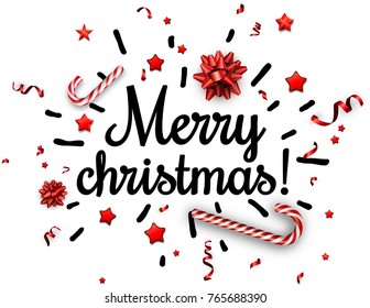 White Merry Christmas print with red bow, candy and serpentine. Vector paper illustration.
