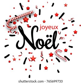 White Merry Christmas print with red bow, candy and serpentine, French. Vector paper illustration.

