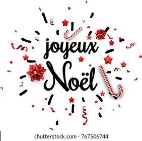 White Merry Christmas print with red bow, candy and serpentine, French. Vector paper illustration.
