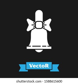 White Merry Christmas ringing bell icon isolated on black background. Alarm symbol, service bell, handbell sign, notification.  Vector Illustration
