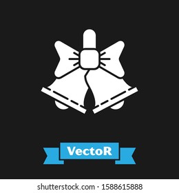 White Merry Christmas ringing bell icon isolated on black background. Alarm symbol, service bell, handbell sign, notification.  Vector Illustration
