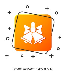 White Merry Christmas ringing bell icon isolated on white background. Alarm symbol, service bell, handbell sign, notification. Orange square button. Vector Illustration