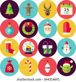 White Merry Christmas Seamless Pattern Set with Circles. Happy New Year Flat Design Vector Illustration. Background. Set of Winter Holiday Items. 