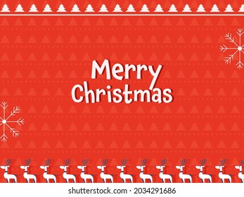 White Merry Christmas Text With Snowflakes And Reindeer On Red Xmas Tree Pattern Background.