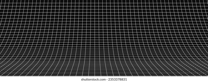 White Mesh Grid of Curved 3D Stage on Balck Background. Perspective Grid. Wide Black Blueprint Texture. VR Virtual Reality Cyberspace Backdrop. Vector Illustration.