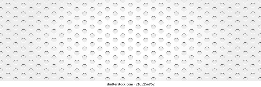 White mesh. Perforated steel texture. Light metal background with holes. Wide industrial material with dots. Modern geometric wallpaper. Vector illustration.
