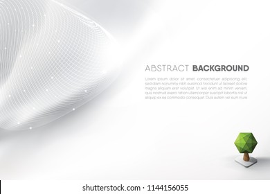 White mesh wave 3D look on white satin silk background and isometric green tree with copy space for text