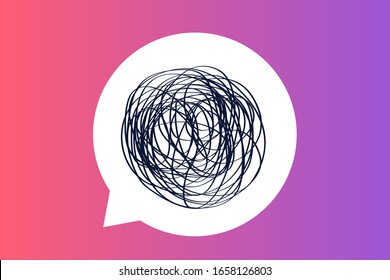 White message talk icon with tangled line on pink background. Say problem balloon silhouette design.