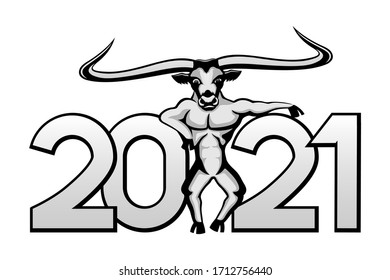 White metal bull symbol 2021 year sign on a white background.