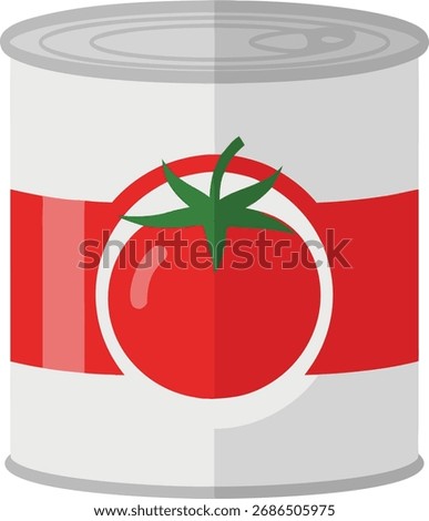 A white metal can with a large red tomato label, perfect for representing canned tomatoes, kitchen ingredients, or food packaging concepts