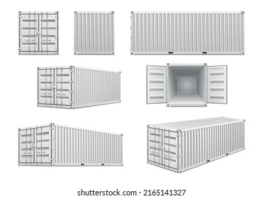 White metal cargo container from different angles realistic set isolated vector illustration