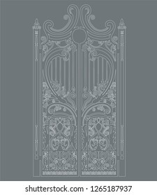 white metal gate with forged ornaments on a gray background