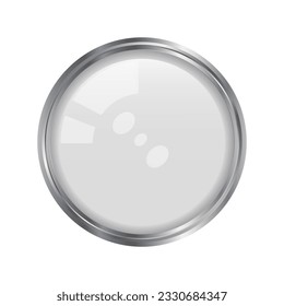 White metal glossy pin button. Glare glass lens. 3D realistic vector illustration isolated on white.