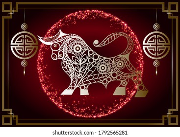 White metal ox-symbol of 2021. Chinese New Year. Holiday zodiac sign of metallic bull. 
Vector illustration.
