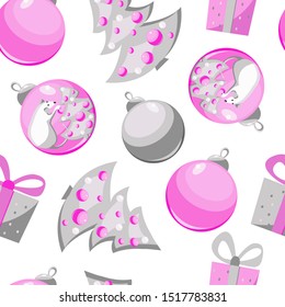 White metal rat decorates a Christmas tree. Seamless pattern. The symbol of Chinese New Year and Christmas 2020. Vector illustration. Christmas balls for the design of the background, cover