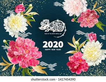 White Metal Rat is a symbol of the 2020 Chinese New Year. Greeting card in Oriental style with peonies flowers, leaves, buds, decorative elements around zodiac Sign of mouse on a dark background