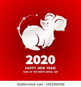 White Metal Rat is a symbol of the 2020 Chinese New Year. Holiday vector illustration of Zodiac Sign of metallic rat on a red background. Design element for banner, poster, flyer, greeting card